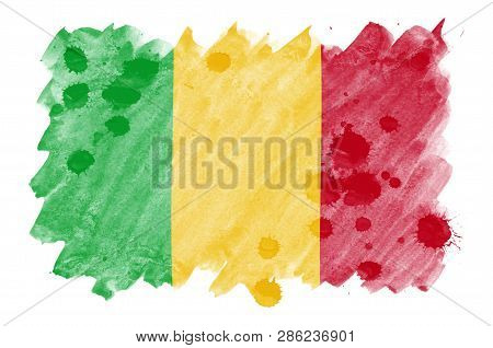 Mali Flag  Is Depicted In Liquid Watercolor Style Isolated On White Background