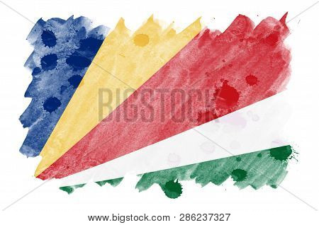 Seychelles Flag  Is Depicted In Liquid Watercolor Style Isolated On White Background