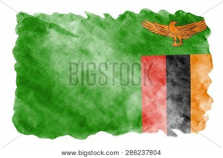 Zambia Flag  Is Depicted In Liquid Watercolor Style Isolated On White Background