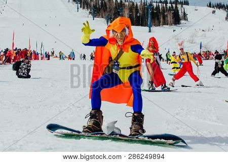 Sheregesh, Kemerovo Region, Russia - April 7, 2018: Man In Carnival Costume Of Green Goblin The Enem