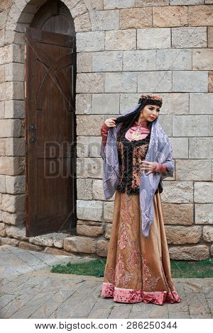 Young Azeri Woman In Traditional Azerbaijani Dress Is Dancing Traditional Azeri Dance