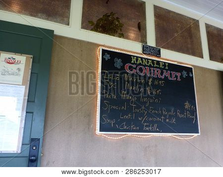 Hanalei, Kauai - April 8, 2018:  Hanalei Gourmet Chalk Menu Featuring Marlin, Pasta, Soup, And Other