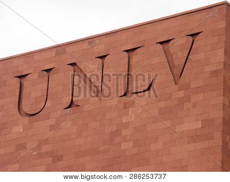 Las Vegas -  February 5, 2010:  Unlv Logo On Side Of Red Brick Building. The University Of Nevada, L
