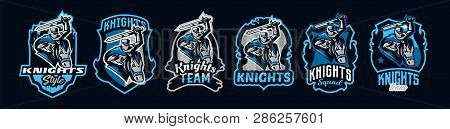 Set Of Emblems Of A Knight On A Horse. A Warrior Galloping On A Horse, A Knight In Armor. Sword Of A