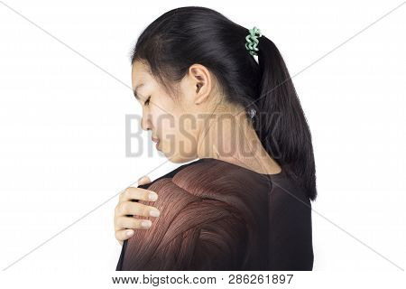 Woman Feel Pain Shoulder Muscle Injury White Background