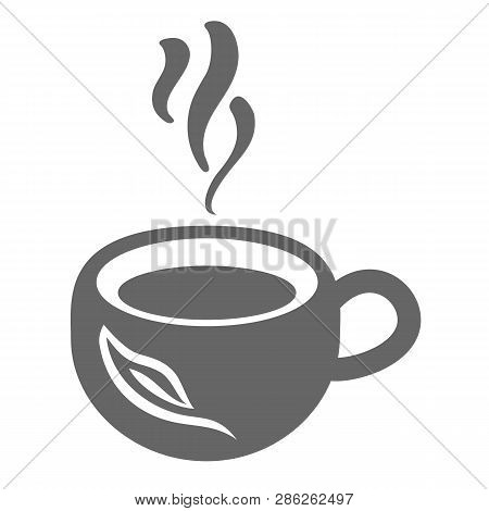 Tea Cup Logo Icon Vector Illustration. Dark Round Big  Mug With Hot Drink With Steam. Tea Leaf On Th