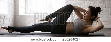 Horizontal Image Beautiful Female Doing Bicycle Crunches Crisscross Fitness Exercise