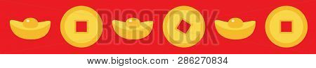 Chinese Gold Ingot Coin Line Set. China Money Square Centre. Happy New Year Symbol Atribute. Golden 