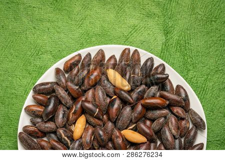 roasted baru nuts on a black plate against green textured bark paper