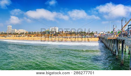 View Of The Beach Of Santa Monica And The Pacific Ocean. Suburbs Of Los Angeles.