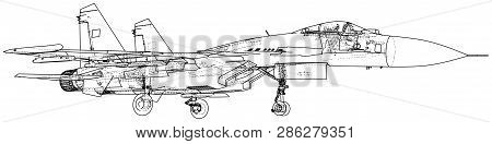 Air Jet Fighter With Missiles On White Background. Created Illustration Of 3d