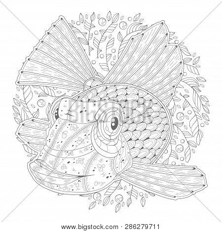 Hand-drawn Aquarium Fish With Algae On A White Background. Image For Coloring Pages. Vector Illustra