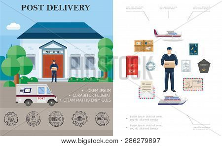 Flat Delivery Colorful Concept With Postman Float Plane Yacht Post Office Couriers Truck Postbox Par