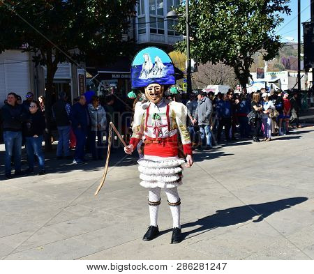 Verin, Spain, 24 Feb 2019. Famous Carnival And Street Parade With Cigarrons Costumes. Ourense Provin