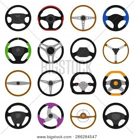 Set Of Different Steering Wheels Icons Isolated On White Background. Car Wheel Control, Auto Part Dr