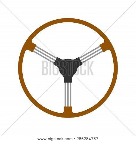 Steering Wheel Retro Car Icon Isolated On White Background. Car Wheel Control Silhouette, Antique Wo