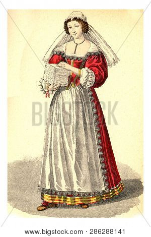 Lingere wearing a Bavolet, vintage engraved illustration. 12th to 18th century Fashion By Image.