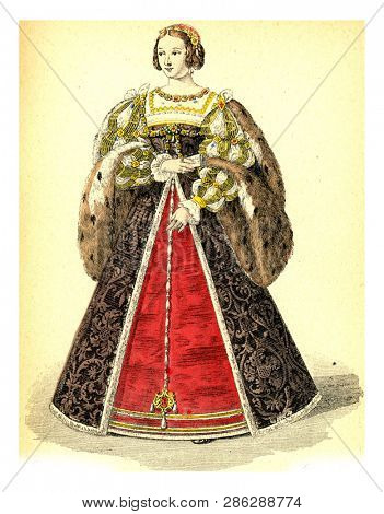 Eleonore of Austria, vintage engraved illustration. 12th to 18th century Fashion By Image.