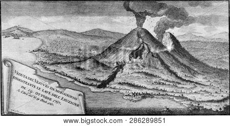 The Vesuvius with Somma on October 19, 1767, vintage engraved illustration. From the Universe and Humanity, 1910.