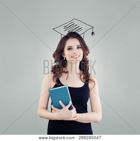 Happy Student Girl In Graduation Hat. Education, High School And Learning Concept