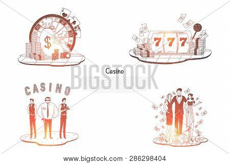 Casino - People With Money, Security, Cards, Roulette And Chips Vector Concept Set. Hand Drawn Sketc