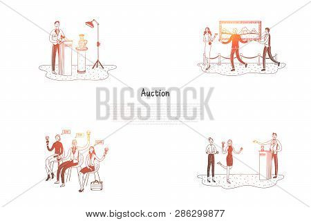 Auction - People Selling And Buying Artworks During Auction Vector Concept Set. Hand Drawn Sketch Is