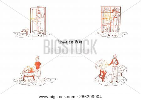 Homeless Pets - Animals In Cages And In Boxes On Street And People Taking Care Of Them Vector Concep