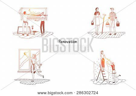 Renovation - People Cleaning And Decorating Their Apartments Vector Concept Set. Hand Drawn Sketch I