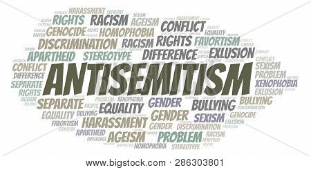 Antisemitism - Type Of Discrimination - Word Cloud. Wordcloud Made With Text Only.