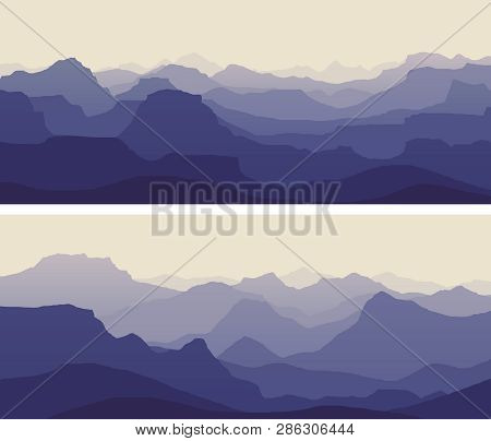 Horizontal Banners Of Vector Illustration Morning Misty Rocky Low Mountains In Blue-violet Tone.