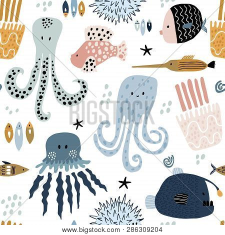 Seamless Pattern With Creative And Colorful Fishes, Octopus, Jellyfish, Devil Fish,fish Hedgehog. Cr