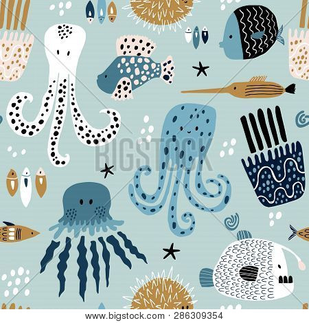 Seamless Pattern With Creative And Colorful Fishes, Octopus, Jellyfish, Devil Fish,fish Hedgehog. Cr