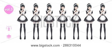 Anime Manga Girl, Cartoon Character In Japanese Style. Costume Of Maid Cafe. Set Of Emotions. Sprite
