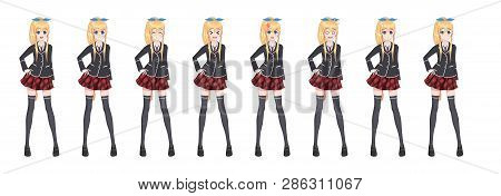 Anime Manga Girl, Cartoon Character In Japanese Style. Student Girl In A Black Blazer, A Red Skirt I