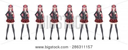 Anime Manga Girl, Cartoon Character In Japanese Style. Student Girl In A Black Blazer, A Red Skirt I