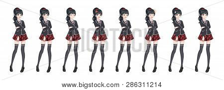 Anime Manga Girl, Cartoon Character In Japanese Style. Student Girl In A Black Blazer, A Red Skirt I