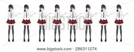 Anime Manga Girl, Cartoon Character In Japanese Style. In A White Shirt, A Red Skirt In A Cage, A Ti