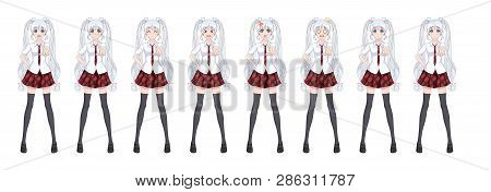 Anime Manga Girl, Cartoon Character In Japanese Style. In A White Shirt, A Red Skirt In A Cage, A Ti