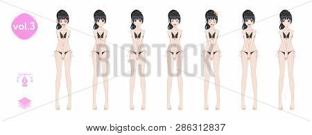 Anime Manga Girl, Cartoon Character In Japanese Style. In A Summer Bikini Swimsuit. Set Of Emotions.