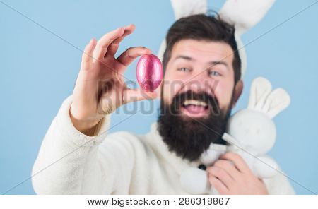 Bearded Man Wear Silly Bunny Ears. Easter Symbol Concept. My Precious. Hipster Cute Bunny Long Ears 