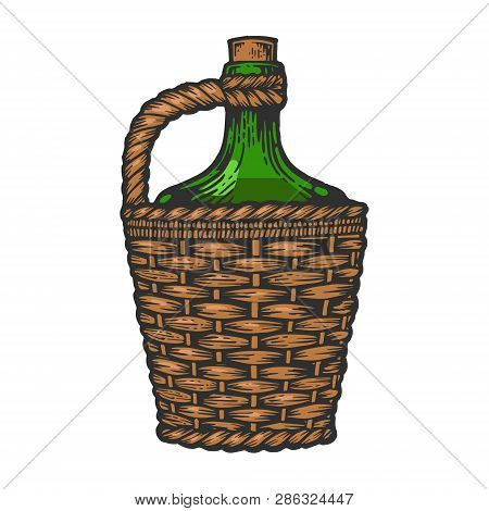 Wine Bottle Carboy With Basket And Handle Weaving Color Sketch Engraving Vector Illustration. Scratc