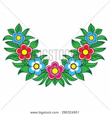 Polish Folk Art Vector Floral Design - Zalipie Decorative Pattern With Flowers And Leaves - Half Rou