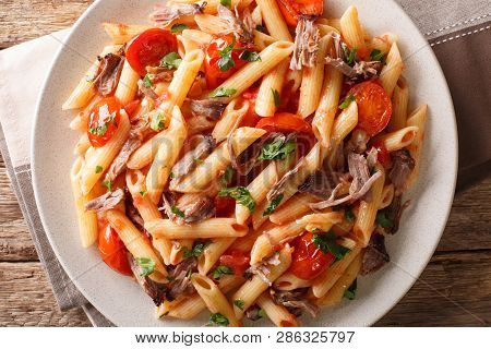 Italian Pasta With Baked Shredded Pork, Cheese, Tomato Sauce And Herbs Close-up On A Plate. Horizont