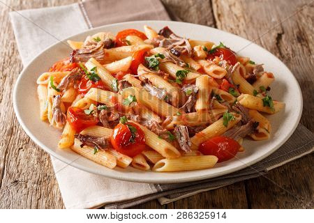 Delicious Food Pasta With Baked Pulled Pork, Tomatoes And Herbs Close-up On A Plate. Horizontal