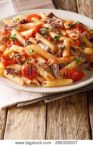 Italian Penne Pasta With Pulled Pork, Cheese, Tomato Sauce And Herbs Close-up On A Plate. Vertical
