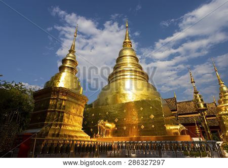 Chiangmai, Thailand - February 17, 2019 : Pagoda In Wat Phra Singh In Chiangmai, Thailand. Wat Phra 
