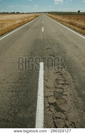 Close-up Of Road Through Rural Landscape Near The Monfrague National Park