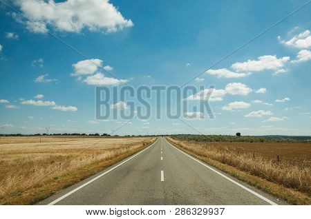 Straight Road Through Rural Landscape Near The Monfrague National Park