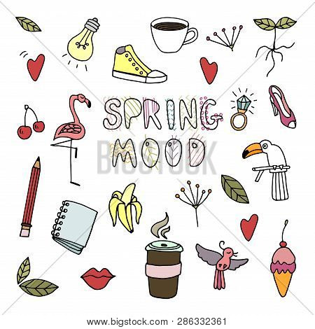 Hand Drawing. Spring Mood. Human And Nature . Vector Objects Set.