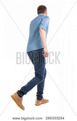 back view of running  man. backside view of person.  Rear view people collection. Isolated over white background. The guy in the short shirt quickly runs away